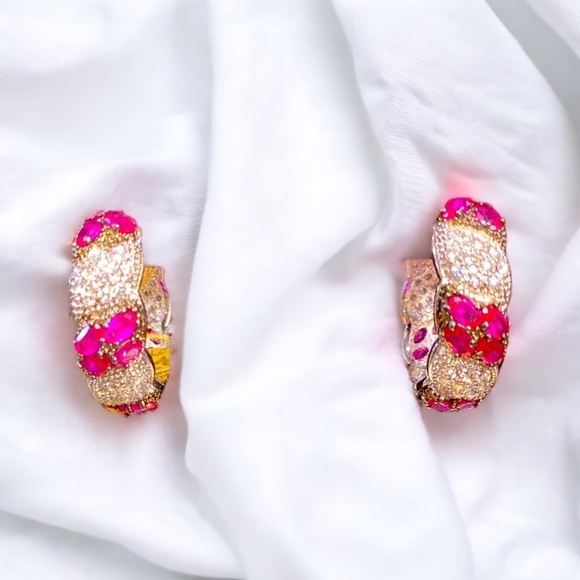 Regency Style Rhodium Plated CZ and Ruby Earrings - Picture 1 of 3